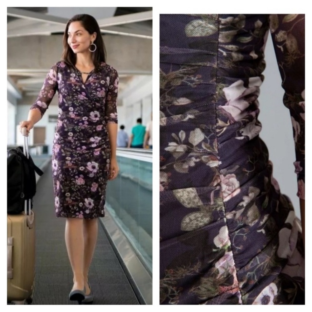 Betabrand Wanderlite Floral Faux Wrap Travel Dress Garden Party Ruched Modest